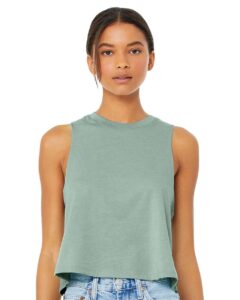 BELLA + CANVAS 6682 Women’s Racerback Crop Tank – Heather Dusty Blue (on model)