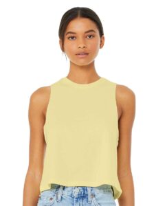 BELLA + CANVAS 6682 Women’s Racerback Crop Tank – Heather French Vanilla (on model)