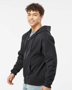 Tultex 331 Unisex Full-Zip Hooded Sweatshirt – Black (on model side)