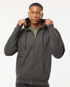 Tultex 331 Unisex Full-Zip Hooded Sweatshirt – Charcoal (on model)