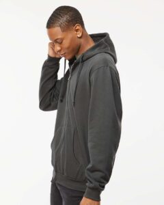 Tultex 331 Unisex Full-Zip Hooded Sweatshirt – Charcoal (on model side)
