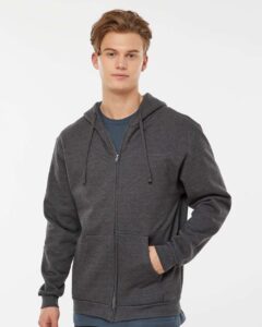 Tultex 331 Unisex Full-Zip Hooded Sweatshirt – Heather Charcoal (on model)