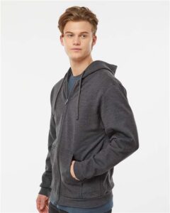 Tultex 331 Unisex Full-Zip Hooded Sweatshirt – Heather Charcoal (on model side)
