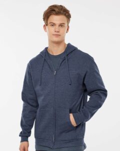 Tultex 331 Unisex Full-Zip Hooded Sweatshirt – Heather Denim (on model)