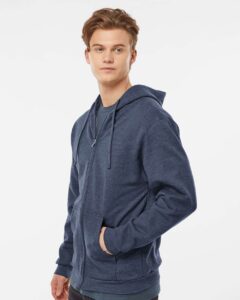 Tultex 331 Unisex Full-Zip Hooded Sweatshirt – Heather Denim (on model side)