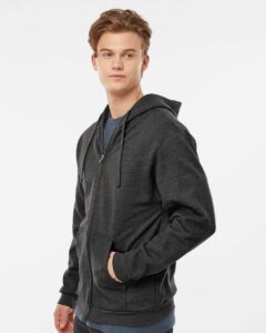 Tultex 331 Unisex Full-Zip Hooded Sweatshirt – Heather Graphite (on model side)