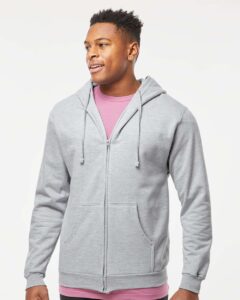 Tultex 331 Unisex Full-Zip Hooded Sweatshirt – Heather Grey (on model)