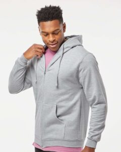 Tultex 331 Unisex Full-Zip Hooded Sweatshirt – Heather Grey (on model side)
