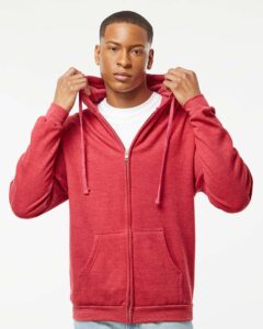 Tultex 331 Unisex Full-Zip Hooded Sweatshirt – Heather Red (on model)