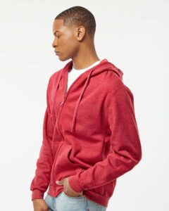 Tultex 331 Unisex Full-Zip Hooded Sweatshirt – Heather Red (on model side)