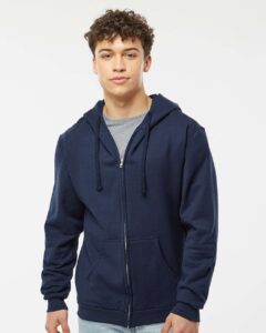 Tultex 331 Unisex Full-Zip Hooded Sweatshirt – Navy (on model)