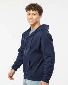 Tultex 331 Unisex Full-Zip Hooded Sweatshirt – Navy (on model side)