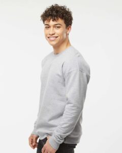 Tultex 340 Unisex Fleece Crewneck Sweatshirt – Heather Grey (on model side)