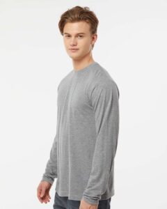 Tultex 242 Unisex Poly-Rich Long Sleeve T-Shirt – Heather Grey (on model side)