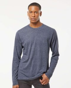 Tultex 242 Unisex Poly-Rich Long Sleeve T-Shirt – Heather Navy (on model)