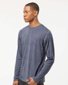 Tultex 242 Unisex Poly-Rich Long Sleeve T-Shirt – Heather Navy (on model side)
