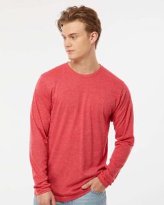 Tultex 242 Unisex Poly-Rich Long Sleeve T-Shirt – Heather Red (on model)