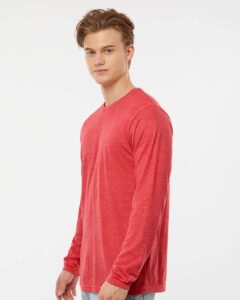 Tultex 242 Unisex Poly-Rich Long Sleeve T-Shirt – Heather Red (on model side)