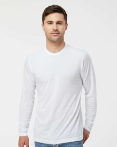Tultex 242 Unisex Poly-Rich Long Sleeve T-Shirt – White (on model)