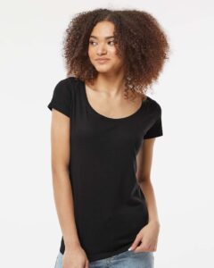 Tultex 243 Women’s Poly-Rich Scoop Neck T-Shirt – Black (on model)