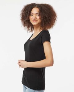 Tultex 243 Women’s Poly-Rich Scoop Neck T-Shirt – Black (on model side)