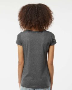 Tultex 243 Women’s Poly-Rich Scoop Neck T-Shirt – Heather Charcoal (on model back)