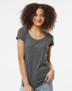 Tultex 243 Women’s Poly-Rich Scoop Neck T-Shirt – Heather Charcoal (on model)