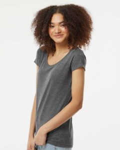 Tultex 243 Women’s Poly-Rich Scoop Neck T-Shirt – Heather Charcoal (on model side)