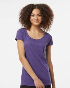 Tultex 243 Women’s Poly-Rich Scoop Neck T-Shirt – Heather Purple (on model)