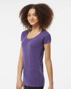 Tultex 243 Women’s Poly-Rich Scoop Neck T-Shirt – Heather Purple (on model side)