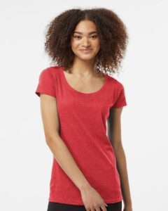 Tultex 243 Women’s Poly-Rich Scoop Neck T-Shirt – Heather Red (on model)