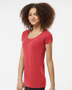 Tultex 243 Women’s Poly-Rich Scoop Neck T-Shirt – Heather Red (on model side)