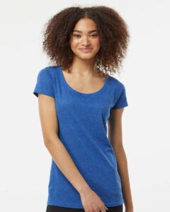 Tultex 243 Women’s Poly-Rich Scoop Neck T-Shirt – Heather Royal (on model)