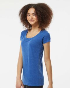 Tultex 243 Women’s Poly-Rich Scoop Neck T-Shirt – Heather Royal (on model side)
