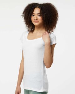 Tultex 243 Women’s Poly-Rich Scoop Neck T-Shirt – White (on model side)