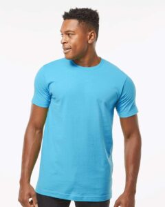 Tultex 202 Unisex Fine Jersey T-Shirt – Aqua (on model)