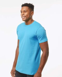 Tultex 202 Unisex Fine Jersey T-Shirt – Aqua (on model side)