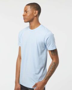 Tultex 202 Unisex Fine Jersey T-Shirt – Baby Blue (on model side)