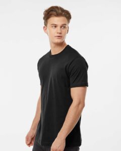 Tultex 202 Unisex Fine Jersey T-Shirt – Black (on model side)