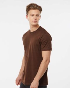 Tultex 202 Unisex Fine Jersey T-Shirt – Brown (on model side)