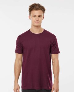 Tultex 202 Unisex Fine Jersey T-Shirt – Burgundy (on model)