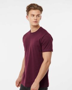 Tultex 202 Unisex Fine Jersey T-Shirt – Burgundy (on model side)