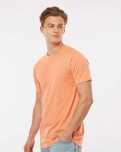 Tultex 202 Unisex Fine Jersey T-Shirt – Cantaloupe (on model side)