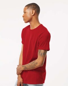 Tultex 202 Unisex Fine Jersey T-Shirt – Cardinal (on model side)