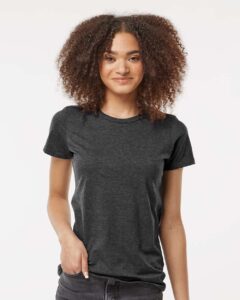 Tultex 542 Women’s Premium Cotton Blend T-Shirt – Black Heather (on model)