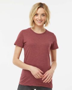 Tultex 542 Women’s Premium Cotton Blend T-Shirt – Burgundy Heather (on model)