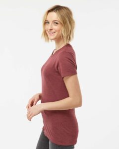 Tultex 542 Women’s Premium Cotton Blend T-Shirt – Burgundy Heather (on model side)