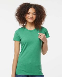 Tultex 542 Women’s Premium Cotton Blend T-Shirt – Kelly Heather (on model)