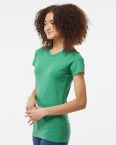 Tultex 542 Women’s Premium Cotton Blend T-Shirt – Kelly Heather (on model side)