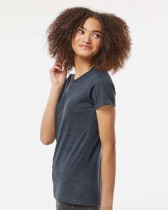Tultex 542 Women’s Premium Cotton Blend T-Shirt – Navy Heather (on model side)